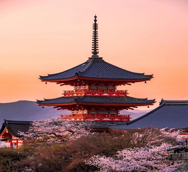 A traditional Japanese pagoda with multiple tiers, surrounded by cherry blossoms. 1