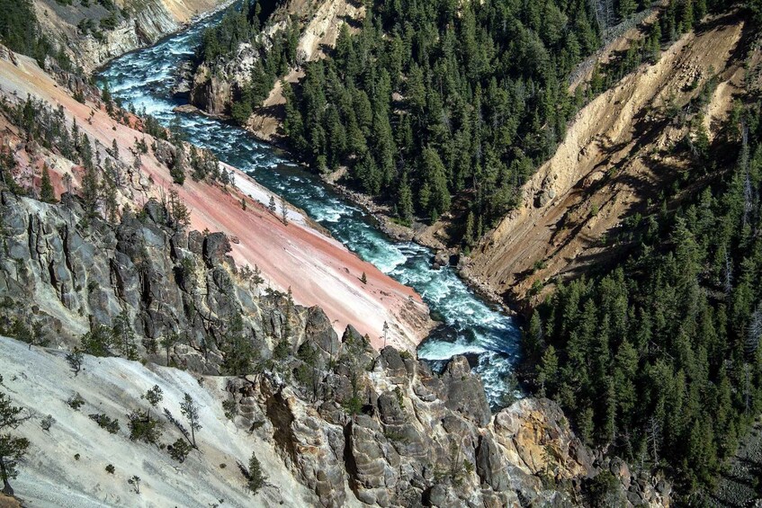 A river winding through a canyon with red rock formations and dense forest. 5