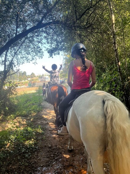 A person riding a white horse along a narrow path surrounded by trees. 2