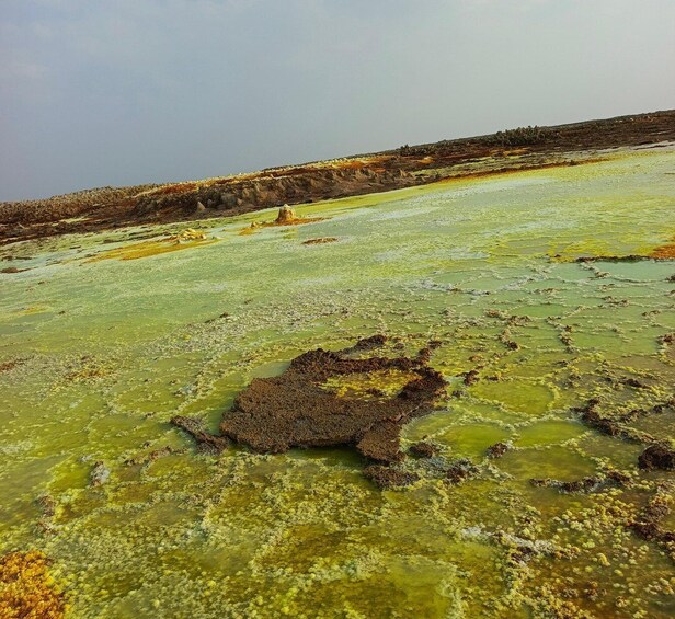 A salt flat with green and yellow mineral deposits and a large salt formation in the foreground. 4
