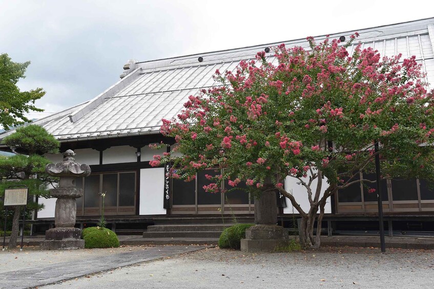 A traditional building with a tiled roof, surrounded by a well-maintained garden with a flowering tree. 3