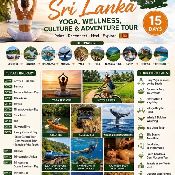 A 15-day itinerary for a yoga, wellness, culture, and adventure tour in Sri Lanka, including destinations like Negombo, Bentota, and Trincomalee. 5