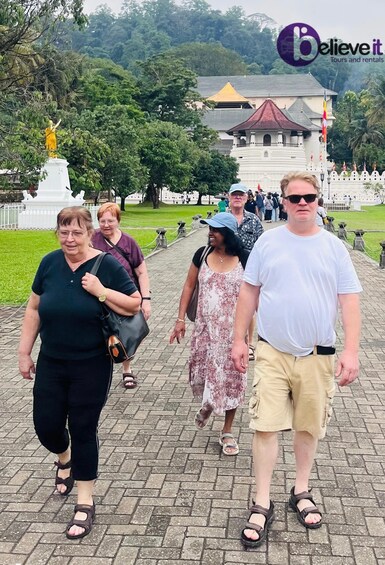 A group of people walking on a paved path in a park with a white building and a statue in the background. 3