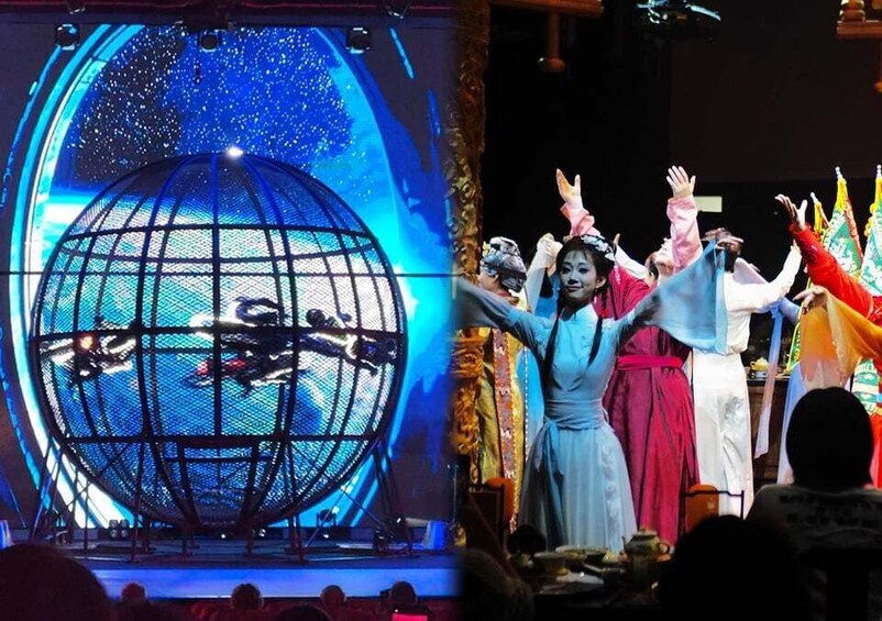 A stage with performers in traditional costumes and a large illuminated globe in the background. 1