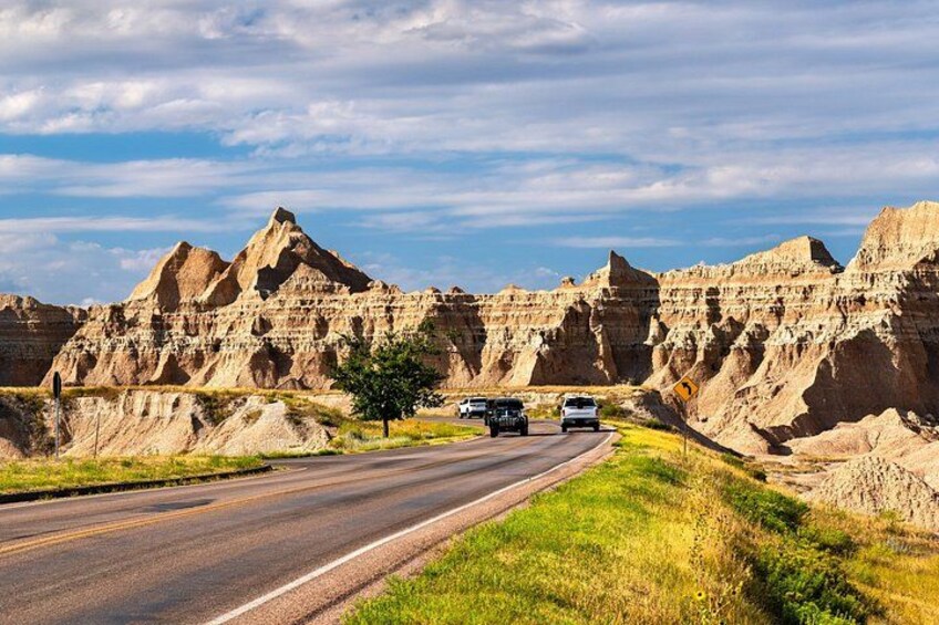 A road with vehicles, a tree, and a rocky landscape. 3