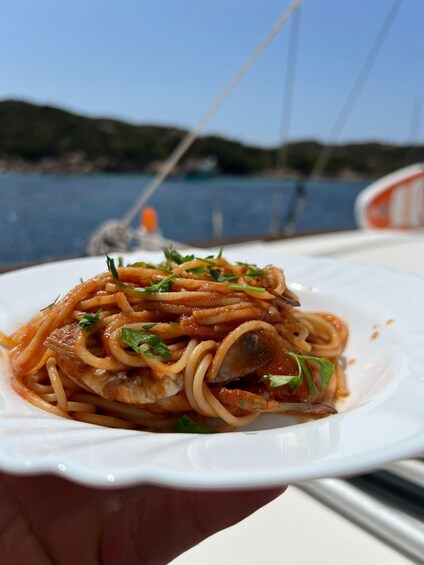 A plate of spaghetti with a tomato-based sauce, garnished with herbs, held over a body of water with a boat in the background. 2