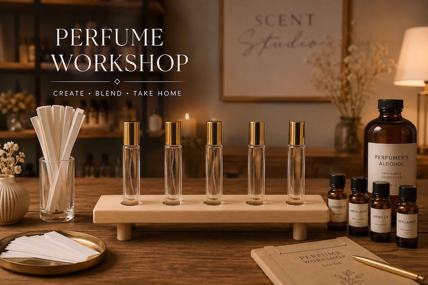 A perfume workshop setup with bottles and a guide on a wooden table. 1
