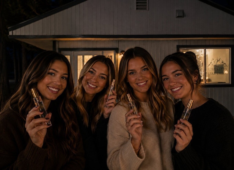Four individuals holding bottles, standing in front of a building with a lit window. 5