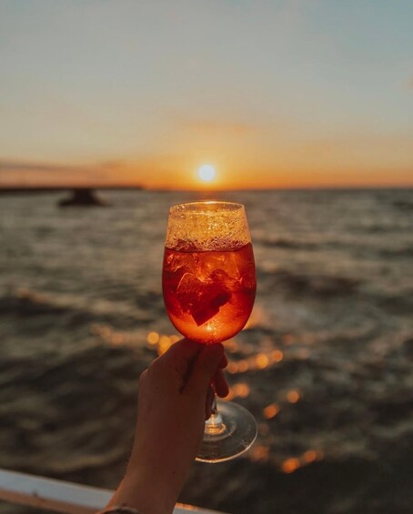 A hand holding a glass of red liquid with ice cubes against a sunset over the ocean. 3