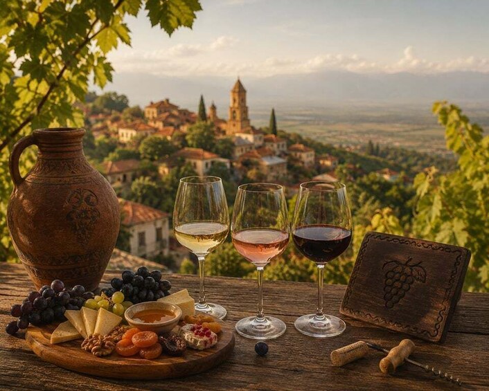 A rustic table with a clay jug, cheese, grapes, and wine glasses with a vineyard view in the background. 1