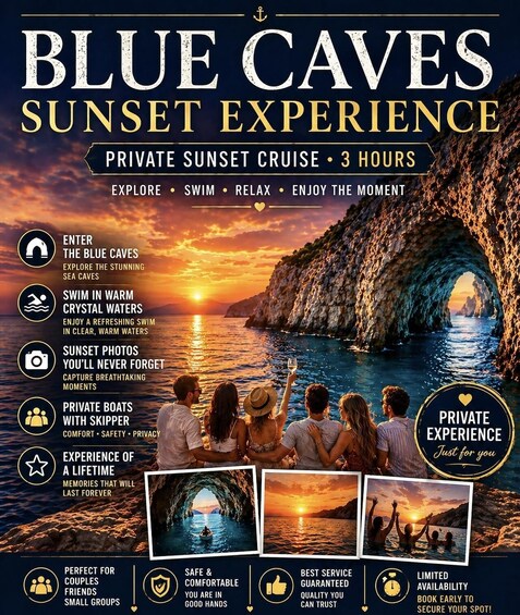 A sunset cruise advertisement for Blue Caves, highlighting features like exploring sea caves, swimming in warm waters, and capturing sunset photos. 1