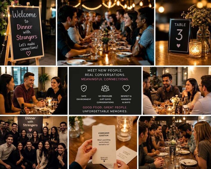 A social dining event with a sign welcoming guests to dinner with strangers, emphasizing connections and conversations. 1