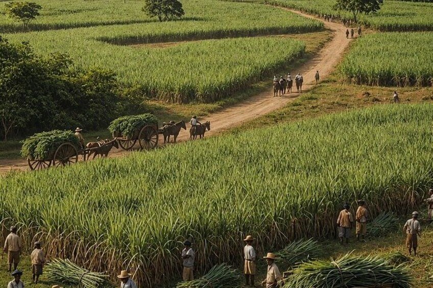 A rural landscape with fields of crops, a dirt path, and people working. 2