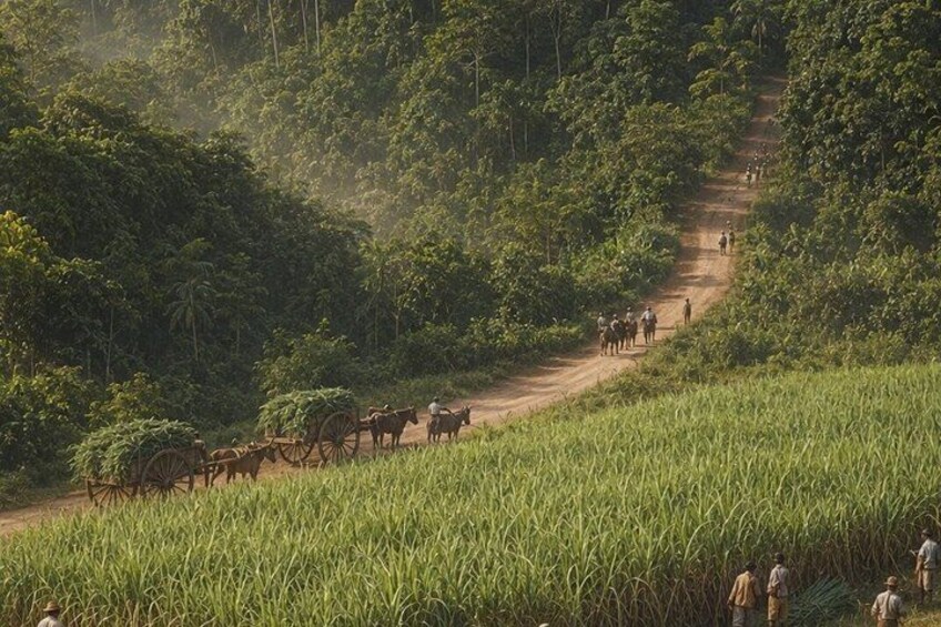 A rural landscape with a dirt path, a group of people, and a cart being pulled by oxen. 4
