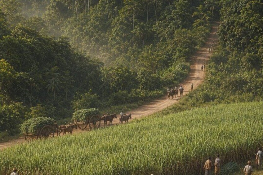 A rural landscape with a dirt path, a group of people, and a cart with oxen. 4