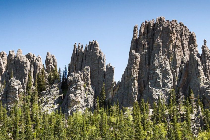 A rugged mountain landscape with prominent rock formations and dense coniferous forest. 2
