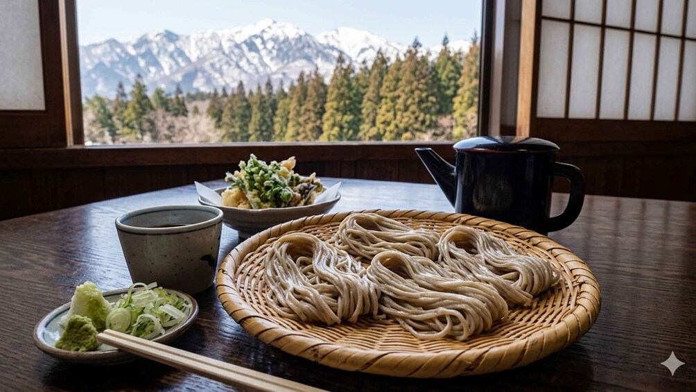 A traditional Japanese meal with noodles, a bowl of vegetables, and a teapot on a table by a window with a mountain view. 3
