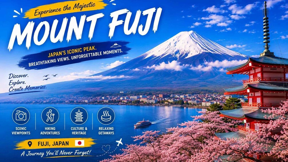 Mount Fuji, a cultural landmark in Japan, with scenic views, a traditional pagoda, and cherry blossoms. 1