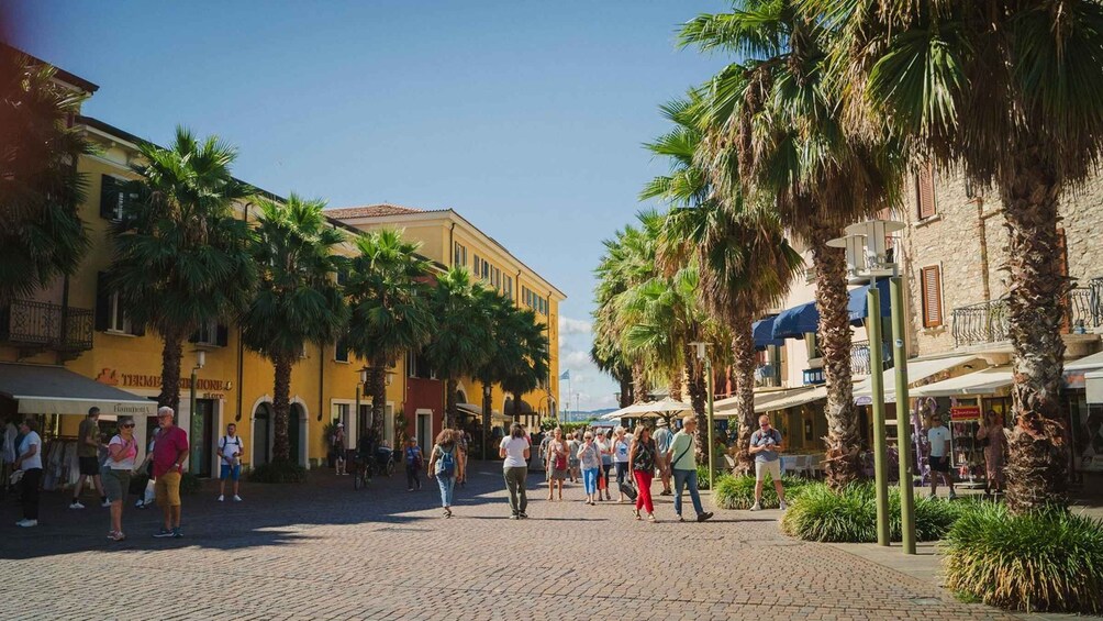 A cobblestone street lined with palm trees and yellow buildings, with people walking and shops on the ground floor. 5