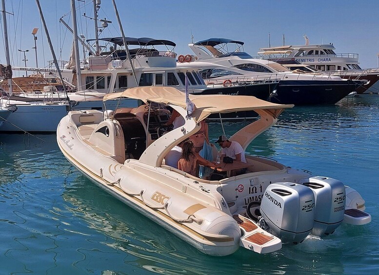 A motorboat with two Honda outboard motors, a canopy, and a person steering. 2