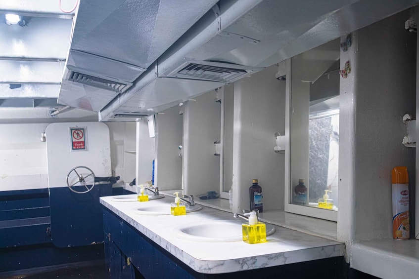 A public restroom with three sinks, hand soap dispensers, a mirror, and a window. 2