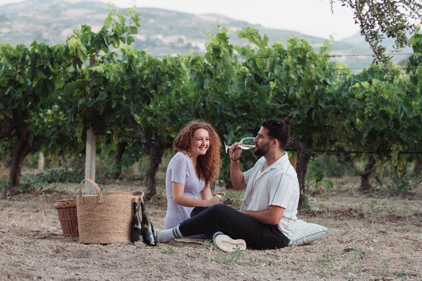 Two people sitting on the ground in a vineyard with a basket and wine bottles nearby. 2