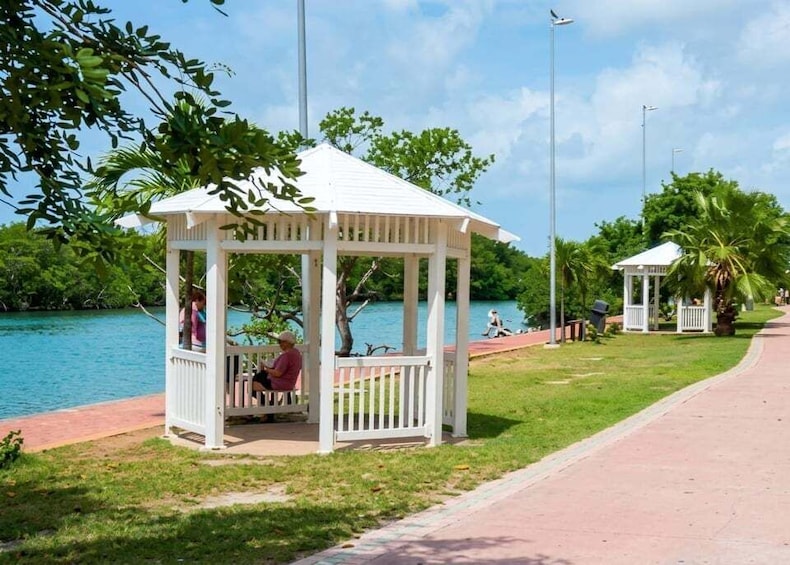 A gazebo by a lake with a walking path and palm trees. 2