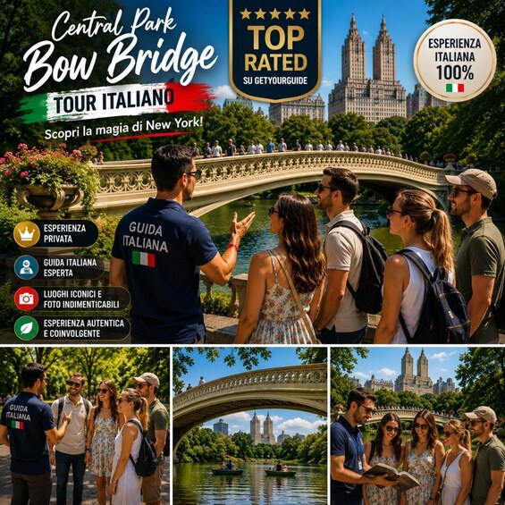 Central Parkin Bow Bridge -silta, jolla on turisteja, italialainen opas ja Manhattaniin avautuva kaupunkinäkymä. 4