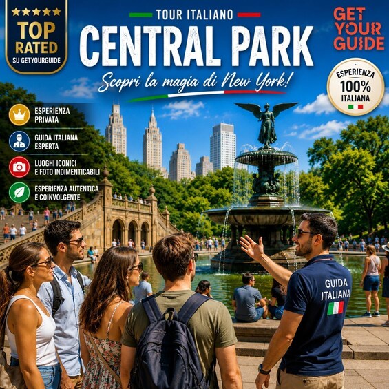 Central Park -puistossa on patsas, ihmisiä ja taustalla näkyy New Yorkin kaupungin siluetti. 5