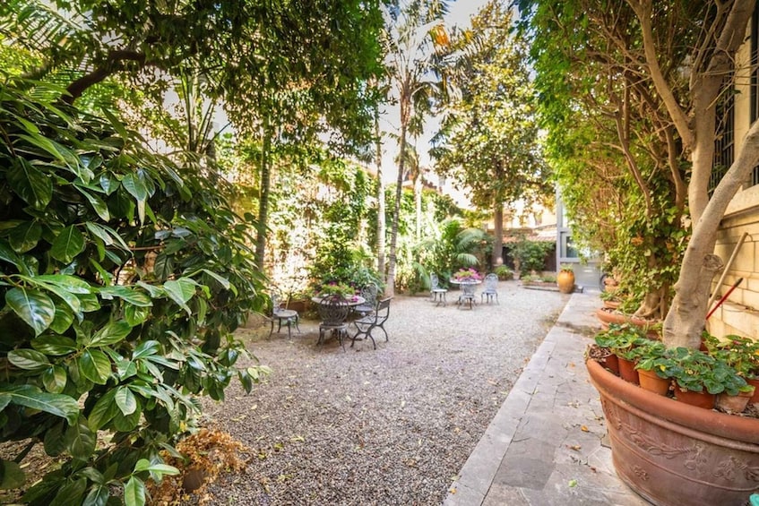 Un jardín con un camino de grava, plantas en macetas y mobiliario de exterior. 3