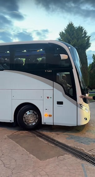 A white bus with the model number T14E parked on a paved area with a drain grate. 1