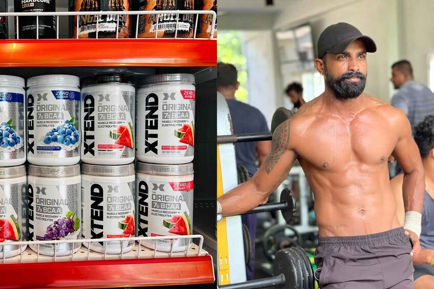 A gym with weightlifting equipment and a shelf of protein powder bottles. 1