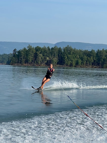 A person wakeboarding on a lake with trees and mountains in the background. 1