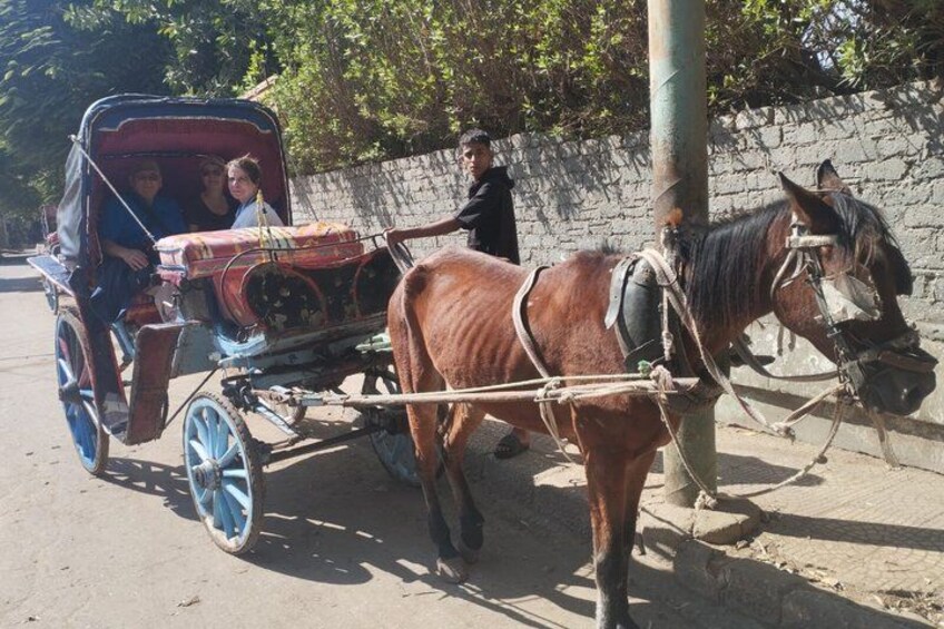 A horse-drawn carriage on a dirt path, a horse, and a stone wall in the background. 4