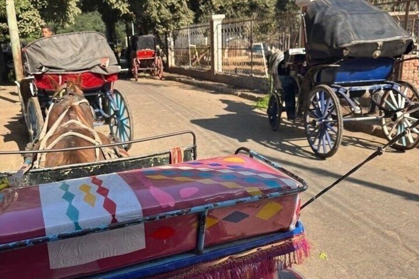 A horse-drawn carriage with a colorful fabric cover. 3