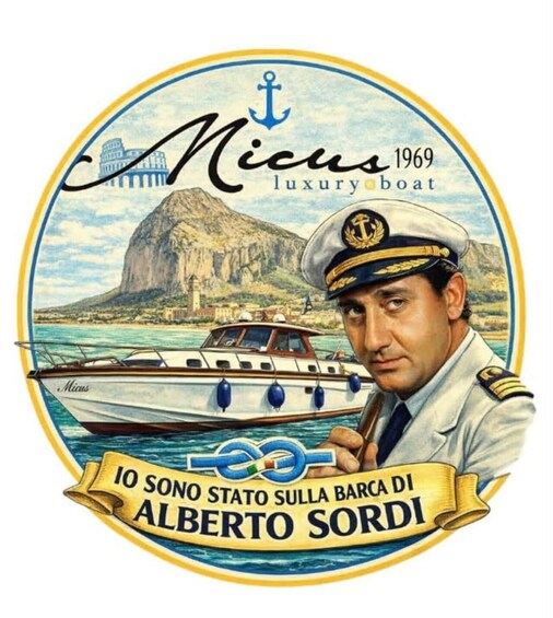 A luxury boat with a captain, a mountainous landscape, and a banner with text. 3