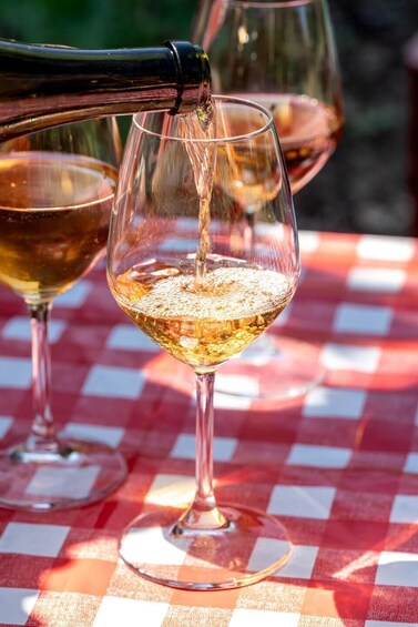 A bottle pouring wine into a glass on a checkered tablecloth. 4