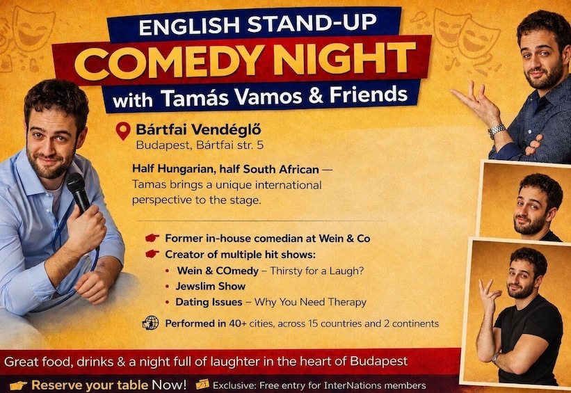 A poster for a comedy night event featuring Tamás Vamos & Friends at Bártfaí Vendégló in Budapest. 1