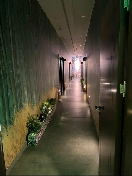 A corridor with a patterned wall, a plant box, and a door on the right. 4