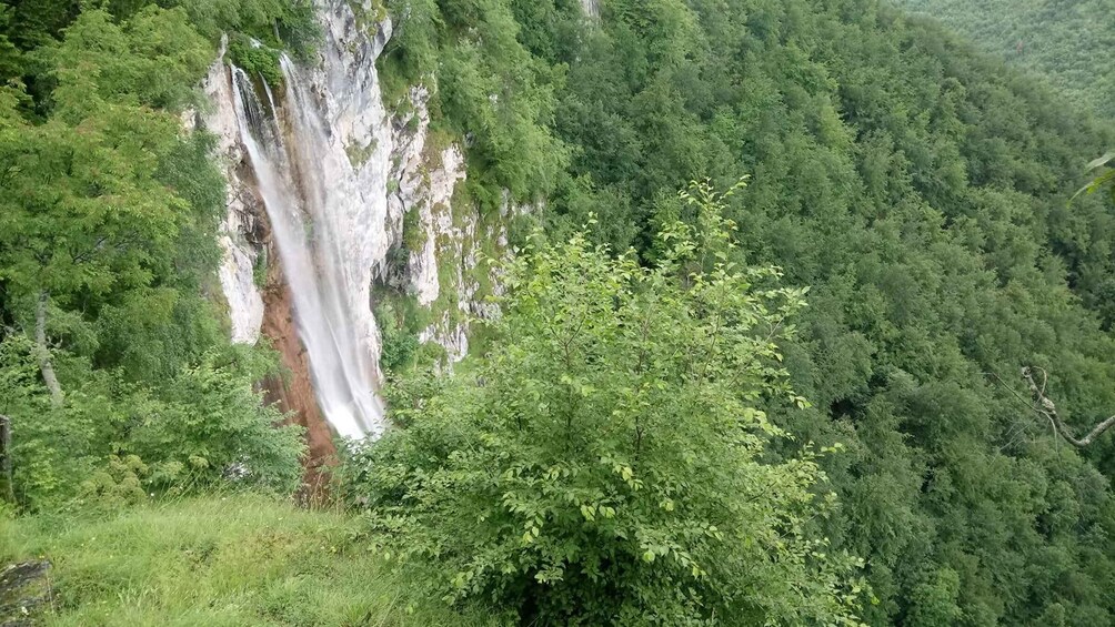 A waterfall cascading down a rocky cliff surrounded by dense forest. 3