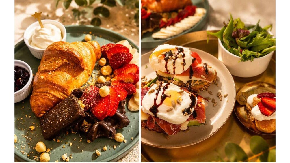 A variety of desserts including a croissant, strawberries, chocolate, and a salad. 1