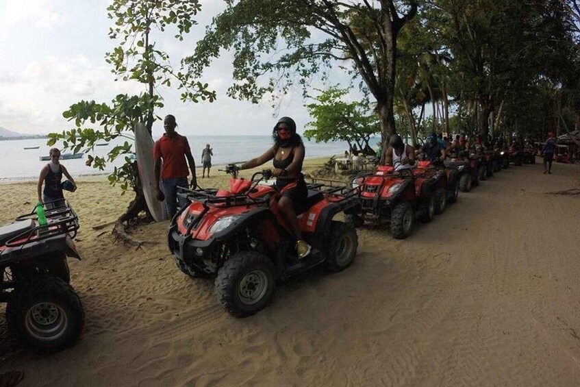 A beach with ATVs parked under trees. 4