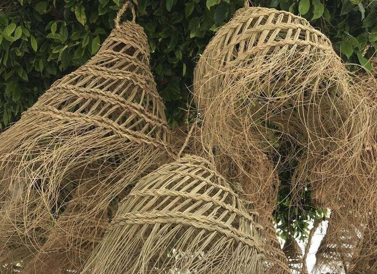 A close-up of woven straw structures, possibly traditional huts, with a backdrop of dense green foliage. 1