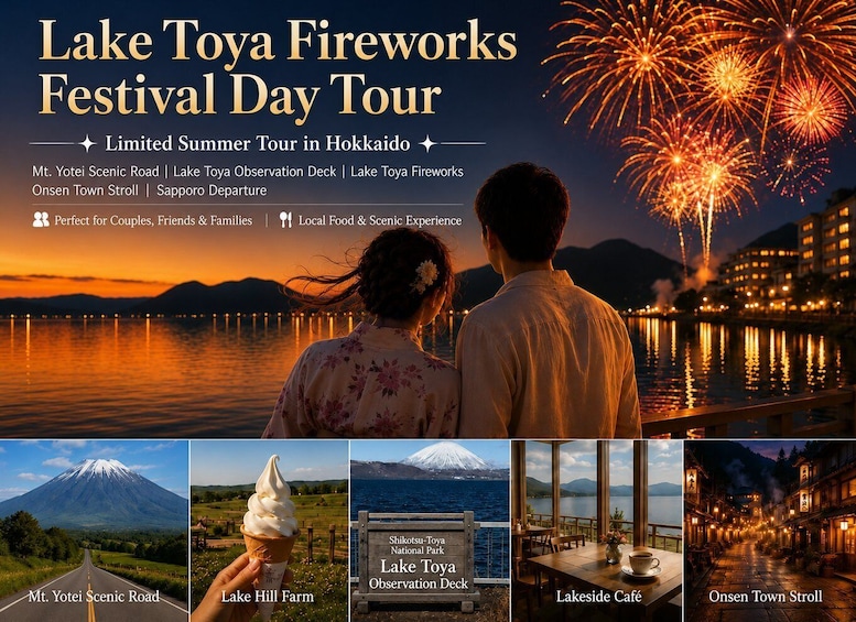 A couple enjoying fireworks at Lake Taya, with scenic views of Mt. Yotei and a lakeside café. 1
