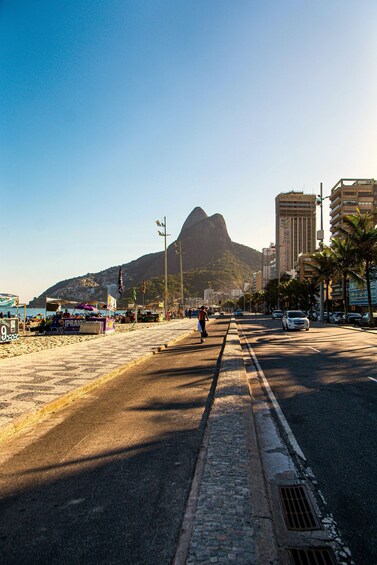 A beachside street with a mountain in the background, palm trees, and buildings. 3