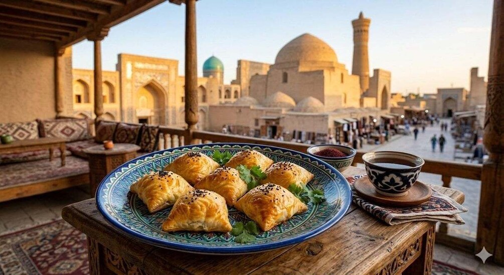 A plate of pastries on a table with a view of a historic cityscape. 3