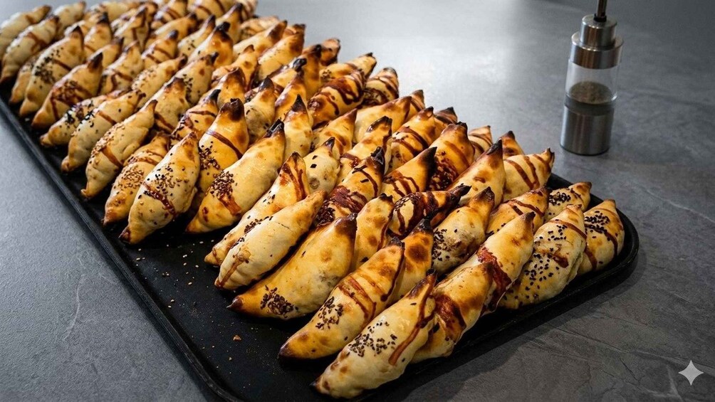 A tray of baked pastries with sesame seeds and drizzled sauce. 1