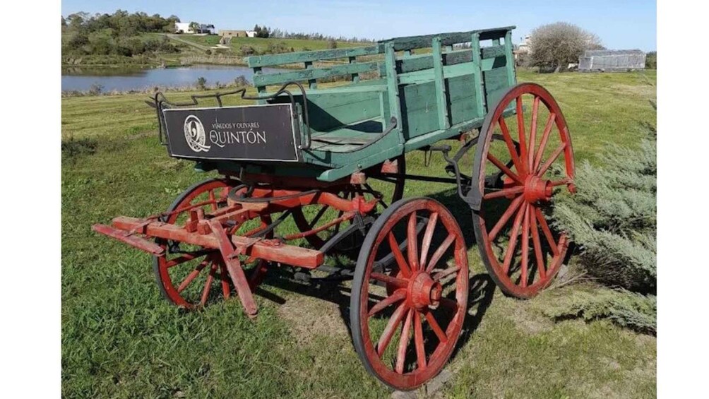 A vintage green and red agricultural cart with a sign reading 'Vineyards and Olives Quintón.' 2