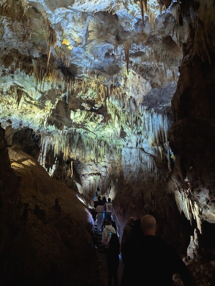 A cave with stalactites and stalagmites, a narrow passage, and visitors walking through. 4