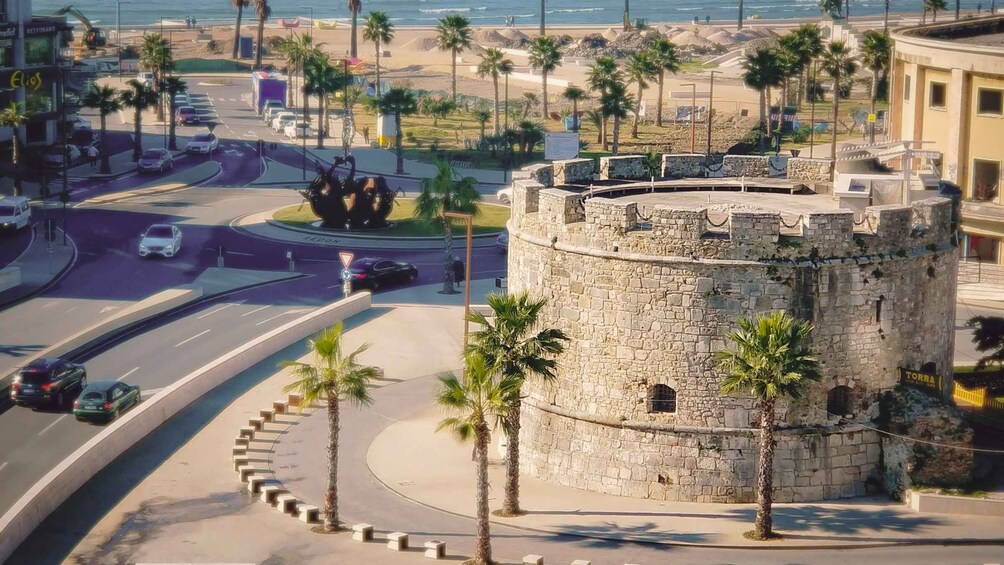 A round stone tower, palm trees, a road with cars, and a beach in the background. 5